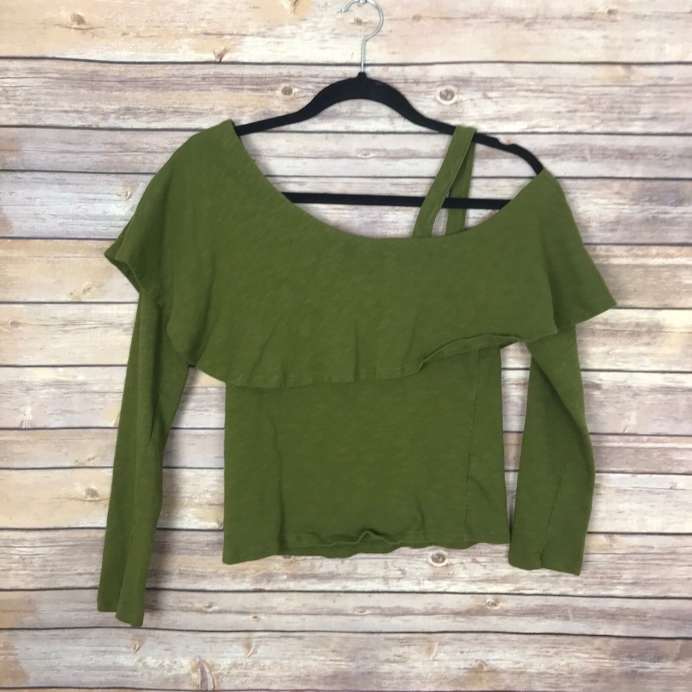 Postmark Top Womens XS Green Off The Shoulder Asymmetrical Ruffle Cotton Knit